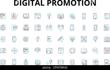 Lineare Symbole für digitale Werbung. Marketing, Werbung, Branding, Kampagnen, CTR, Konvertierung, Vektorsymbole und Linienzeichen Stock Vektor