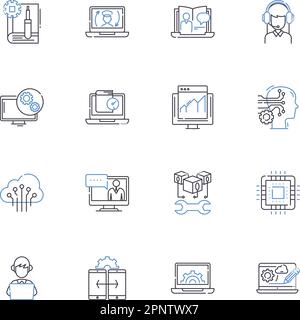 Sammlung von Symbolen für die Cybersicherheit. Verschlüsselung, Firewall, Malware, Hacking, Passwörter, Phishing, Vektor für Schwachstellen und lineare Darstellung Stock Vektor