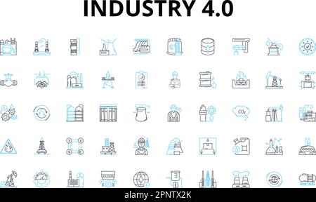 Linearer Symbolsatz für Industrie 4,0. Automatisierung, Robotik, Interkonnektivität, Big Data, KI, Erweiterte Realität, intelligente Fabriken, Vektorsymbole und Linien Stock Vektor
