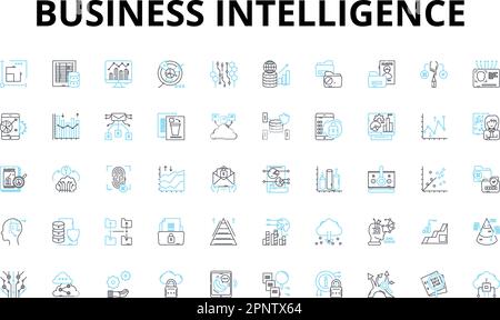Lineare Symbole für Business Intelligence. Analysen, Daten, Erkenntnisse, Leistung, Dashboards, Berichterstellung, Visualisierungsvektorsymbole und Linienkonzept Stock Vektor