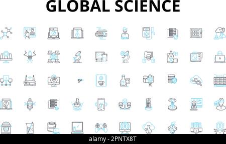 Lineare Symbole für globale Wissenschaft. Entdeckung, Innovation, Erforschung, Fortschritt, Forschung, Technologie, bahnbrechende Vektorsymbole und Linienkonzept Stock Vektor