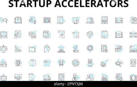 Lineare Symbole für Startup Accelerators festgelegt. Gründerzentrum, Mentorenschaft, Seed-Finanzierung, Innovation, Kohorte, Kollaboration, Nerk-Vektorsymbole und Linienkonzept Stock Vektor