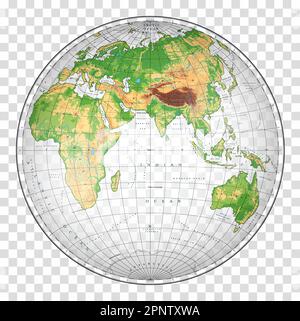 Hochdetaillierte physikalische Weltkarte in Globusform der Erde. Nicolosi-Globusprojektion – 3D. Stock Vektor