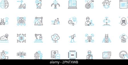 Lineare Symbole für technologische Geräte festgelegt. Smartph, Tablet, Notebook, Desktop, Smartwatch, Kopfzeichen, Kameralinienvektor und Konzeptschilder. Dr, Gaming, Konsole Stock Vektor