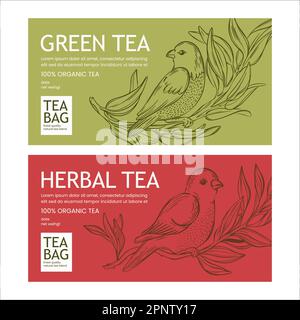 GRÜNER UND KRÄUTERTEE im Vintage-Stil modernes Verpackungsdesign mit Vögeln auf Zweigen auf rotem und grünem Hintergrund bedruckbarer Vektor für modernes T-Shirt Stock Vektor