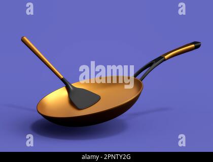 Bratpfanne mit Glasdeckel und fester Silikonwender auf blauem Hintergrund. Stockfoto