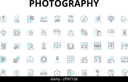 Einstellung der linearen Fotosymbole. Belichtung, Blende, Verschluss, Fokus, Zusammensetzung, Licht, Schatten, Vektorsymbole und Linienkonzepte. Kontrast, Tiefe Stock Vektor