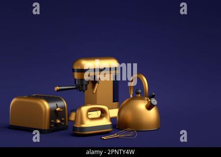 Espressomaschine, Handmixer, Wasserkocher und Toaster auf blauem Hintergrund. Stockfoto