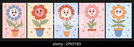 Tolle Blumenkraft. Retro-Cartoon-Gänseblümchen im Topf. Coole vertikale, moderne nostalgische Poster. Vektordarstellung des Maskottchen-Charakters. Coll Stock Vektor