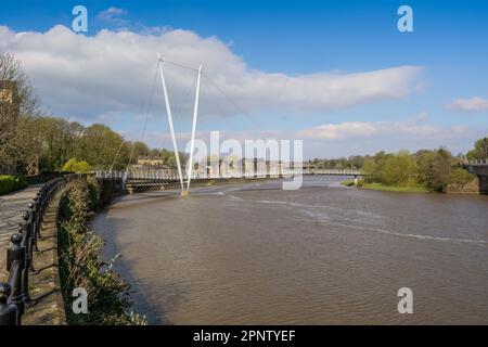 19.04.023 Lancaster, Lancashire, Vereinigtes Königreich. Die Lune Millennium Bridge ist eine Fußgängerbrücke mit Kabelhalterungen, die sich über den Fluss Lune in Lancaster, England erstreckt. Stockfoto