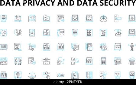 Linearer Symbolsatz für Datenschutz und Datensicherheit. Verschlüsselung, Firewall, Sicherheitsverstoß, Cyberkriminalität, Authentifizierung, Datenschutz, Compliance-Vektorsymbole und Linie Stock Vektor