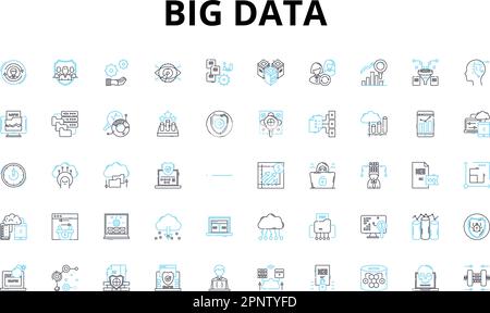 Lineare Symbole für Big Data. Analysen, Erkenntnisse, Volumen, Geschwindigkeit, Vielfalt, Wolken-, Maschinenvektorsymbole und Linienkonzepte. Lernen, Prädiktiv Stock Vektor