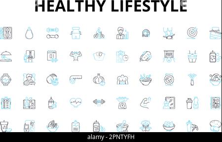 Gesunder Lebensstil Lineare Symbole gesetzt. Ernährung, Fitness, Wellness, Balance, Ernährung, Übung, Hydrationsvektorsymbole und Linienkonzepte Stock Vektor