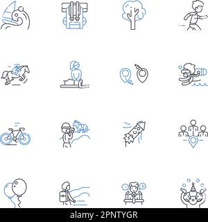 Symbolsammlung für Einzelreisen. Abenteuer, Unabhängigkeit, Entdeckung, Herausforderung, Selbsterkenntnis, Freedom Vektor und lineare Darstellung Stock Vektor