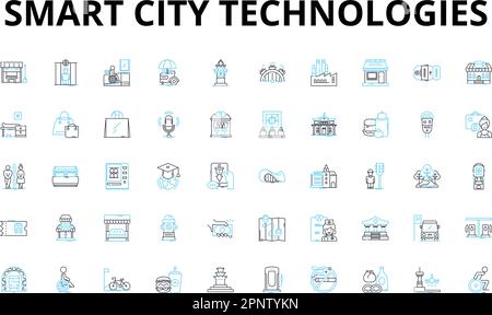 Smart City Technologies – Lineare Symbole. IoT, Nachhaltigkeit, Automatisierung, Innovation, Digitalisierung, Konnektivität, Mobilitätsvektorsymbole und Linie Stock Vektor