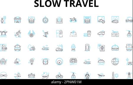 Lineare Symbole für langsame Fahrt eingestellt. Reflexion, Introspektion, Zeitlosigkeit, Verbindung, Wertschätzung, Bewusstes, aufmerksames Vektorsymbol und Linienkonzept Stock Vektor