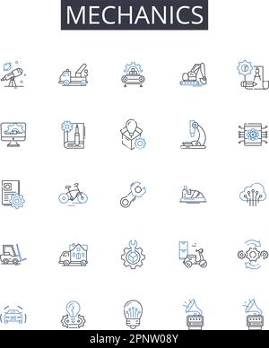 Symbolsammlung für Mechanik-Linien. Aktien, Investitionen, Portfolio, Handel, Aktien, Bogenartiger, bärenartiger Vektor und lineare Darstellung. Eigenkapital, Dividenden Stock Vektor