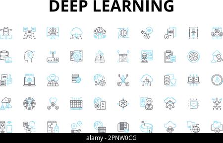 Lineare Symbole für Deep Learning. Neurale Nerven, Tensorflow, Algorithmen, Big Data, Training, Optimierung, Vektorsymbole und Linie für Computer Vision Stock Vektor