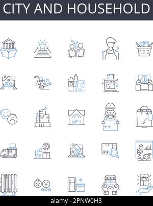 Symbolsammlung für Stadt und Haushalt. Stadtverwaltung, Metropolis, Stadtmitte, Megalopolis, Stadtverwaltung, Hauptstadt, Stadtvektor und lineare Darstellung Stock Vektor