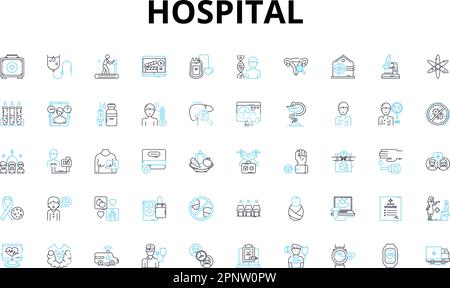 Lineare Symbole des Krankenhauses eingestellt. Medizin, Notfall, Personal, Patienten, Chirurgie, Wiederherstellung, Eintrittsvektorsymbole und Linienkonzepte. Einheiten Stock Vektor