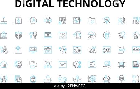 Lineare Symbole für digitale Technologie. Internet, Soziale Medien, Cloud, Big Data, Analysen, Automation, Robotik-Vektorsymbole und Linienkonzepte Stock Vektor