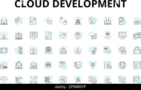 Lineare Symbole für die Cloud-Entwicklung. Skalierbarkeit, Virtualisierung, Automatisierung, Containerisierung, DevOps, Microservices, Cloud-native Vektorsymbole und Stock Vektor