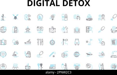 Digitale Detox-Symbole eingestellt. Trennen, Trennen, Wieder Verbinden, Achtsamkeit, Gleichgewicht, Fokus, Relaxationsvektorsymbole und Linienkonzepte. Wellness Stock Vektor