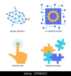 Neuronales Netzwerk und automatisierte Systeme flache Symbolgruppe. Vektordarstellung. Stock Vektor