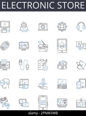 Symbolsammlung für elektronische Filialen. Gadget Shop, Tech Store, Gerätehändler, Digital Emporium, Computer Mart, Multimedia-Ausgang, audiovisuell Stock Vektor