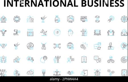 Internationale geschäftliche lineare Symbolgruppe. Globalisierung, Export, Import, Multinational, Outsourcing, Handel, kulturübergreifende Vektorsymbole und Stock Vektor