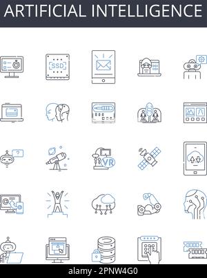 Kollektion künstlicher Intelligenz mit Liniensymbolen. Maschinelles Lernen, kognitives Computing, digitale Automatisierung, autonome Systeme, Roboterintelligenz Stock Vektor