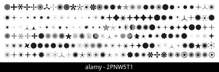 Einfache minimalistische schwarze Elemente, abstrakte, brutale geometrische Formen. Basisform Y2K Figur Blume, Getreide, Kristall, Schneeflocke, Stern, Glitzer. Schweizer Stock Vektor