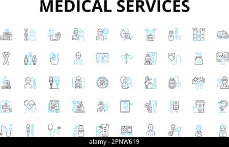 Lineare Symbole für medizinische Dienste gesetzt. Diagnose, Behandlung, Gesundheitsversorgung, Rehabilitation, Vorbeugend, Klinik, Therapievektorsymbole und Linienkonzept Stock Vektor