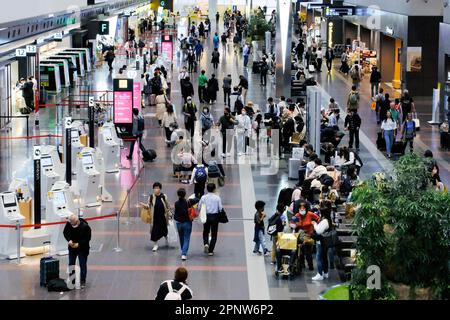 Tokio, Japan. 15. April 2023. Passagiere, die Gesichtsmasken als vorbeugende Maßnahme gegen die Ausbreitung von Covid-19 tragen, werden am Tokio International Airport, gemeinhin bekannt als Haneda Airport, gesehen. Die Zahl der neuen Fälle des neuartigen Coronavirus ist in Japan in drei aufeinanderfolgenden Wochen gestiegen. Obwohl die Zahlen noch immer niedriger sind als vor der siebten Infektionswelle im letzten Sommer, warnen einige Experten vor einem möglichen Wiederaufleben des Virus. (Credit Image: © James Matsumoto/SOPA Images via ZUMA Press Wire) NUR ZUR REDAKTIONELLEN VERWENDUNG! Nicht für den kommerziellen GEBRAUCH! Stockfoto