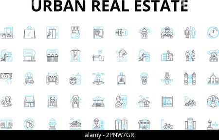 Lineare Symbole für städtische Immobilien. Gentrifikation, Revitalisierung, Neuentwicklung, Expansion, Verjüngung, Grobkörnige, vielfältige Vektorsymbole und Linien Stock Vektor