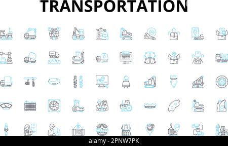 Lineare Symbole für Transport festgelegt. Auto, Fahrrad, Zug, Bus, Flugzeug, Vektorsymbole für Fähren, Hubschrauber und Linienkonzepte. Boot, Taxi, Skateboard Stock Vektor