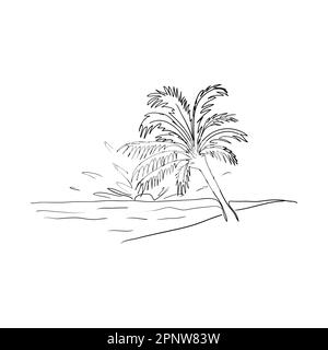 Strand mit Palmen. Sonnenuntergang über dem Meer. Eine Linie.Darstellung des Rohteil-Vektors.Drucken. Stock Vektor