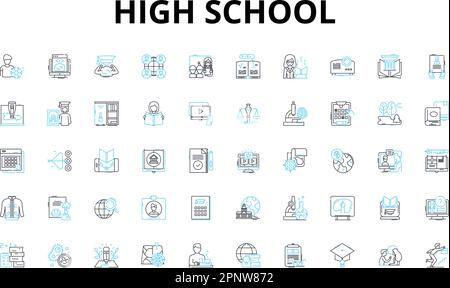 Lineare Symbole für die High School festgelegt. Jugend, Hausaufgaben, Außerschulische Prüfungen, Prüfungen, Sport, Sozialisierung, Cliquen, Vektorsymbole und Linienkonzepte Stock Vektor