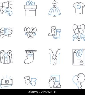 Bekleidungshersteller Kollektion Icons. Bekleidung, Mode, Bekleidung, Textilien, Nähen, Zusammenfügen, Anpassen des Vektors und lineare Darstellung. Designs Stock Vektor