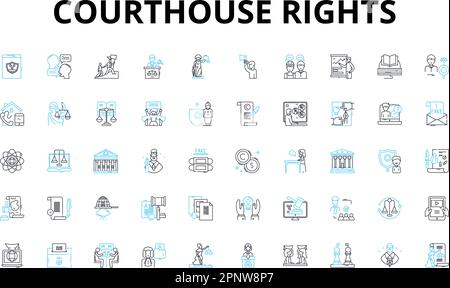 Lineare Symbole für die Rechte des Gerichtsgebäudes festgelegt. Interessenvertretung, Rechtsstreit, ordentliches Verfahren, Bürgerrechte, Jury, Verteidigung, Beweisvektorsymbole und Linienkonzepte Stock Vektor