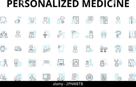 Personalisierte Medizin, lineare Symbole. Genomik, Pharmakogenomik, Biomarker, Präzision, Maßgeschneidert, DNA, individualisierte Vektorsymbole und Linie Stock Vektor