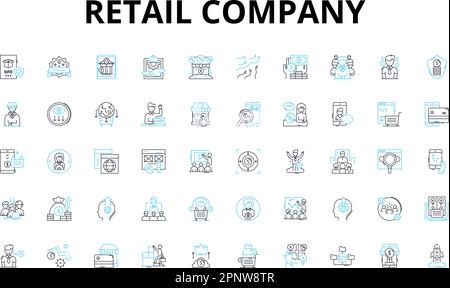 Linearer Symbolsatz für Einzelhandelsunternehmen. Produkte, Verkauf, Geschäft, Marke, Werbeaktionen, Kunden-, Marketing-Vektorsymbole und Linienkonzepte. Rabatte Stock Vektor