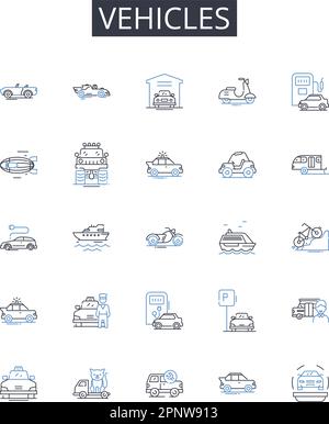 Symbolsammlung für Fahrzeuglinien. Autos, Autos, Transport, Modi, Transport, Ride-Rail, Ride-Sharing-Vektor und lineare Darstellung Stock Vektor