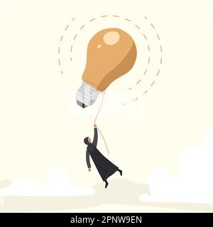 Business Concept Design arabische Geschäftsfrau mit einem schwimmenden Ballon mit Glühbirne, der hoch in den Himmel fliegt. Große Idee zur Lösung von Problemen, Erfindungen, Innovationen Stockfoto