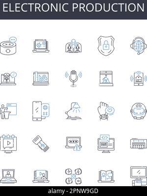 Symbolsammlung für elektronische Fertigungslinien. Computerherstellung, digitale Fertigung, Videosynthese, Audioverarbeitung, Telekommunikationsmontage, Schaltkreis Stock Vektor