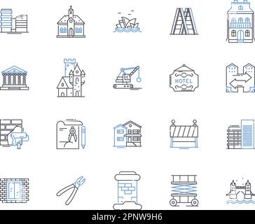 Symbolsammlung für Stadtplanungslinien. Regeneration, Nachhaltigkeit, Dichte, Infrastruktur, Zoning, Transport, Landnutzungsvektor und linear Stock Vektor