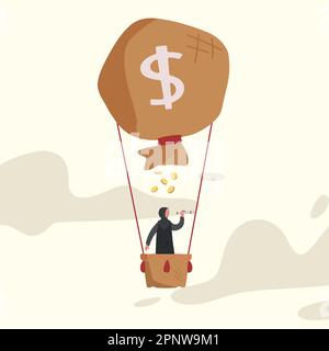 Eine Geschäftswohnung, die eine arabische Geschäftsfrau im Heißluftballon mit Geldbeutel malt und mit Teleskop oder Monokular aussieht. Suche nach Geschäftskonzepten, Wachstum, le Stockfoto