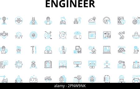 Lineares Symbolset konstruieren. Erfinderisch, analytisch, innovativ, kompetent, detailorientiert, Logische, präzise Vektorsymbole und Linienkonzepte Stock Vektor