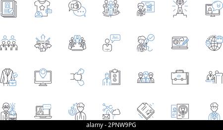 Sammlung der Public Relations-Liniensymbole. Reputation, Medien, Krise, Messaging, Wahrnehmung, Branding, Strategievektor und lineare Illustration Stock Vektor