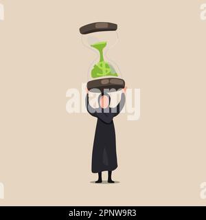 Business-Konzept-Design arabische Geschäftsfrau, die Gewichte in Form einer riesigen Sanduhr trägt. Weibliche Managerin hält Sandglas über ihren Kopf. Geschäftszeit-Manager Stockfoto